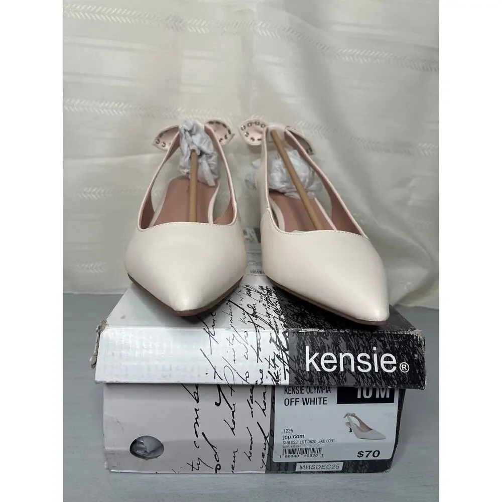 Kensie Olympia Grommet Bow Slingback Kitten Heels Off White Size 10M